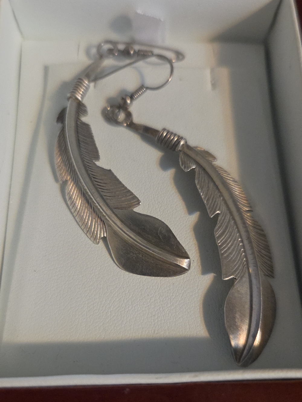 Sterling Silver Feather Drop Earrings - Silver